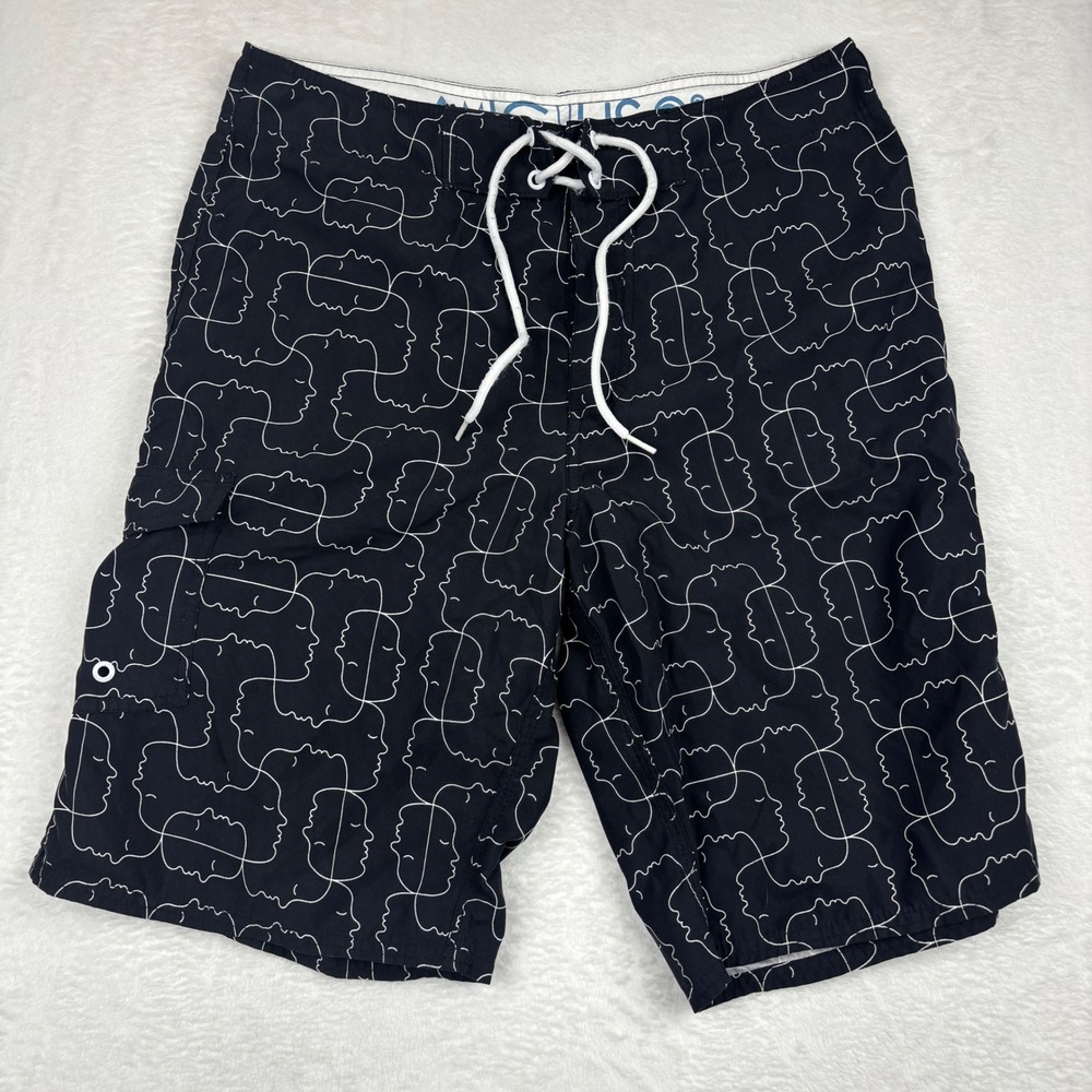 Ambiguous Mens 32 Board Shorts Black All Over Face Print Swim Trunks  CA5-42